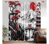 Mitpok Japanese Anime Curtains for Bedroom 52Wx84H Inch Rod Pocket Black Red Cherry Blossom Watercolor Floral Asian Chinese Aesthetic Mountain Nature 2 Panel Window Treatment Set for Living Room Decor