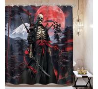 Mitpok Japanese Anime Shower Curtain 72Wx72H Asian Samurai Gothic Skull Skeleton Black Red Spooky Cool Bathroom Decor Vintage Mountain Sun Nature Landscape Bath Curtain Fabric Polyester 12 Pack Hooks