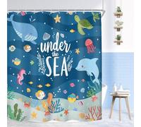 Mitpok Kids Shower Curtain 72Wx72H Ocean Summer Whale Cartoon Blue Turtle Coral Undersea Cute Funny Fish Sea Animal Bathroom Decor Underwater Sealife Bath Curtain Fabric Polyester 12 Pack Hooks