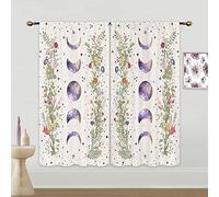 Mitpok Moon Phase Curtains for Bedroom 42Wx63H Inch Rod Pocket Boho Floral Wildflower Moonlit Garden Flower Witchy Gothic Hippie Aesthetic Galaxy Space 2 Panels Window Treatment for Living Room Decor