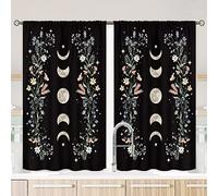 Mitpok Moon Phase Kitchen Curtains - Boho Witchy Black Floral Short Window Treatment for Bedroom, Wildflower Aesthetic Spring, 27.5Wx39H Inch Rod Pocket