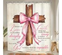 Mitpok Pink Bow Shower Curtain 60Wx72H Girl Wood Cross Coquette Retro Bible Verse Christain Bownot Scripture Inspirational Motivational Bathroom Decor Woman Bath Curtain Fabric Polyester 12 Pack Hooks