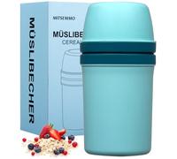 Mitsemmo Sky Blue Cereal Cup to Go 600 ml + 270 ml, Yoghurt Cup to Go with Spoon, Medium Modern Portable Food Storage Container