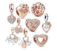 MITSOKU 9Pcs Silver Rose Gold Charms Set Compatible with Pandora Bracelets - Fashion Dangle Beads for Women, Birthday/Travel/Family Theme Jewelry Gifts