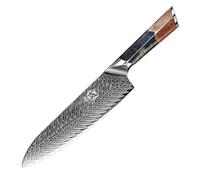 MITSUMOTO SAKARI Japanese Damascus Chef Knife, Hand-Forged Santoku Knife | Professional VG-10 Damascus Kitchen Knife, 8.5 inch Sushi Knives, Cooking Knife for Beef, Nanmu Handle, Sandalwood Box
