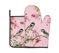 Mitts And Pot Holders 2Pcs Set Pastel Pink Birds Oven Gloves | Mitts And Pot Holders 2Pcs Set Withstand Kitchen Ovens Mitts For Kitchen Cooking Microwave Gloves
