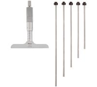 Mitutoyo 129-109 Vernier Depth Gauge, Interchangeable Rods, Micrometer Type, 0-50mm Range, 0.001mm Graduation, -0.0027mm Accuracy, 63.5mm x 16mm Base, 2 Rods