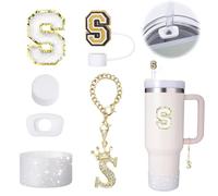 Mity Rain 6pc Cup Accessories Set for Stanley 30 oz & 40 oz Tumbler with Handle, Including Straw Cover Cap, Cup Initials Charm, Sticker, Silicone Boot, Round & Square Spill Proof Stopper, Letter S