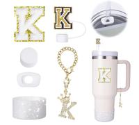Mity Rain 6pc Cup Accessories Set for Stanley Cup 30 oz & 40 oz Tumbler with Handle, Including Straw Cover, Cap, Initials Charm, Silicone Boot, Spill Proof Stopper - Round & Square, Letter K
