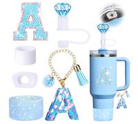 Mity rain 6PCS Blue Cup Accessories for Stanley - Initials Decorations for Stanley Cup 30oz 40oz Tumblers with Handle, Cute and Girlie Gift (A-)