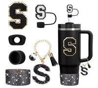 Mity rain 6PCS Cup Accessories Set for Stanley Cup 30oz 40oz tumbler with handle, Black Accessories Including Straw Topper, Boot, Spill Proof Stopper, Handle Charm, Initials Sticker(Letter S)