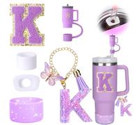 Mity rain 6PCS Cup Accessories Set for Stanley Cup 30oz 40oz tumbler with handle, Including Silicone Straw Topper Cover Cap and Boot, Spill Proof Stopper, Handle Charm, Initials Sticker (Letter K)