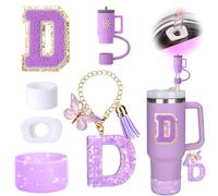 Mity rain 6PCS Cup Accessories Set for Stanley Cup 30oz 40oz tumbler with handle, Including Silicone Straw Topper Cover Cap and Boot, Spill Proof Stopper, Handle Charm, Initials Sticker (Letter D)