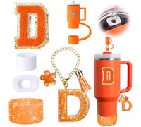 Mity rain 6PCS Orange Cup Accessories Set for Stanley Cup 30oz 40oz tumbler with handle, Including Straw Topper Cover Cap and Boot, Spill Proof Stopper, Handle Charm, Initials Sticker（Letter D