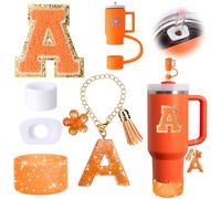 Mity rain 6PCS Orange Cup Accessories Set for Stanley Cup 30oz 40oz tumbler with handle, Including Straw Topper Cover Cap and Boot, Spill Proof Stopper, Handle Charm, Initials Sticker(Letter A)