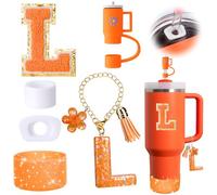 Mity rain 6PCS Orange Cup Accessories Set for Stanley Cup 30oz 40oz tumbler with handle, Including Straw Topper Cover Cap and Boot, Spill Proof Stopper, Handle Charm, Initials Sticker（Letter L