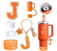 Mity rain 6PCS Orange Cup Accessories Set for Stanley Cup 30oz 40oz tumbler with handle, Including Straw Topper Cover Cap and Boot, Spill Proof Stopper, Handle Charm, Initials Sticker（Letter J