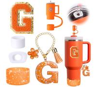 Mity rain 6PCS Orange Cup Accessories Set for Stanley Cup 30oz 40oz tumbler with handle, Including Straw Topper Cover Cap and Boot, Spill Proof Stopper, Handle Charm, Initials Sticker（Letter G