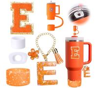Mity rain 6PCS Orange Cup Accessories Set for Stanley Cup 30oz 40oz tumbler with handle, Including Straw Topper Cover Cap and Boot, Spill Proof Stopper, Handle Charm, Initials Sticker（Letter E