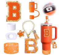 Mity rain 6PCS Orange Cup Accessories Set for Stanley Cup 30oz 40oz tumbler with handle, Including Straw Topper Cover Cap and Boot, Spill Proof Stopper, Handle Charm, Initials Sticker（Letter B