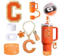 Mity rain 6PCS Orange Cup Accessories Set for Stanley Cup 30oz 40oz tumbler with handle, Including Straw Topper Cover Cap and Boot, Spill Proof Stopper, Handle Charm, Initials Sticker（Letter C