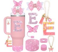Mity rain 8Pcs Accessories for Stanley Cup with Handle 40OZ/30OZ, Including Diamond Straw Topper/Spill Proof Stopper/Silicone Boot/Bow Decortion/Letter Charms A-Z (E)