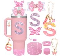 Mity rain 8Pcs Accessories for Stanley Cup with Handle 40OZ/30OZ, Including Diamond Straw Topper/Spill Proof Stopper/Silicone Boot/Bow Decortion/Letter Charms A-Z (S)