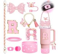 Mity rain 9PCS Pink Cup Accessories Set for Stanley Cup 30oz 40oz tumbler with handle - Includes Strap,Straw Bow Decorate,Straw Topper,Boot,Spill Proof Stoppers,Handle Charms,Sticker (Initials R)