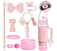 Mity rain 9PCS Pink Cup Accessories Set for Stanley Cup 30oz 40oz tumbler with handle - Includes Strap,Straw Bow Decorate,Straw Topper,Boot,Spill Proof Stoppers,Handle Charms,Sticker (Initials I)