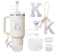 Mity rain Accessories Set for Stanley Cup, Initials Decorations for Tumbler Cup 30/40OZ, Including Diamond Straw Topper/Spill Proof Stopper/Sparkly Silicone Boot Set/Letter Charms for Handle A-Z (K)