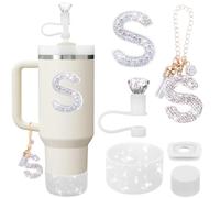 Mity rain Accessories Set for Stanley Cup, Initials Decorations for Tumbler Cup 30/40OZ, Including Diamond Straw Topper/Spill Proof Stopper/Sparkly Silicone Boot Set/Letter Charms for Handle A-Z (S)