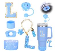 Mity rain Cup Accessories Set for stanley 30 oz 40 oz tumbler with handle, Including Initials Charms, Straw Cover Cap, Boot, Sticker, Silicone Spill Proof Stopper,Blue Decorate for Boy Girl (Letter L)
