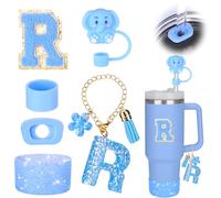Mity rain Cup Accessories Set for stanley 30 oz 40 oz tumbler with handle, Including Initials Charms, Straw Cover Cap, Boot, Sticker, Silicone Spill Proof Stopper,Blue Decorate for Boy Girl (Letter R)
