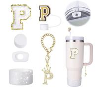 Mity Rain Cup Accessories Set for Stanley Tumbler (30/40 oz), with Handle, Straw Cover, Charm, Silicone Boot, Spill-Proof Stopper, Letter P