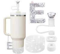 Mity Rain Set for Stanley Cup Accessories, Letter Charm, Including Diamond Straw Topper, 2 Pcs Silicone Spill Proof Stopper, Sparkly Silicone Boot Set 40/30 OZ (E)