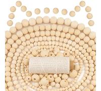 MiuCo 1200Pcs Wooden Beads for Crafting, Natural Wooden Beads 6 Size (8/10/12/14/16/20mm) with 50M Cotton for Macrame Christmas Crafts DIY Garlan Home Decorations