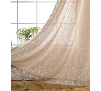 MIUCO Floral Embroidered Semi Sheer Curtains Faux Linen Grommet Curtains for Kitchen 52 x 84 Inch 2 Panels, Linen