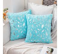 MIULEE 2 Pack Faux Fur Cushion Covers Fluffy Throw Pillow Covers Gold Feathers Soft Lovely Decorative Sapphire Square Luxurious Pillowcase for Livingroom Silver-Light Blue 50x50cm 20x20 Inch