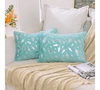 MIULEE 2 Pack Faux Fur Cushion Covers Fluffy Throw Pillow Covers Gold Feathers Soft Lovely Decorative Sapphire Square Luxurious Pillowcase for Livingroom Silver-Green 30x50cm 12x20 Inch