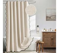 MIULEE Beige Scalloped Shower Curtain Linen Textured with 12 Metal Hooks Cute Heavy Duty Washable Waterproof Neutral Thick Cloth Shower Curtains with Black Border for Bathroom Hotel Bathtub,W72*L72