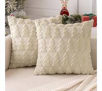 MIULEE Christmas Cushion Covers Pack of 2 Embroidery Fluffy Soft Faux Fur Decorative Throw Pillow Cover Decoration for Sofa Bedroom,18 x 18 Inches,Plush Christmas Tree Pattern,Beige