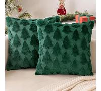 MIULEE Christmas Cushion Covers Pack of 2 Embroidery Fluffy Soft Faux Fur Decorative Throw Pillow Cover Decoration for Sofa Bedroom,18 x 18 Inches,Cute Christmas Tree Pattern,Dark Green