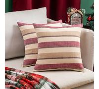 MIULEE Christmas Faux Linen Stripe Square Throw Pillow Case Cushion Cover Home Decor for Party/Sofa Chair Couch/Bedroom Decorative Pillowcase 18x18 Inch 45x45cm,2 Pieces Red and Brown