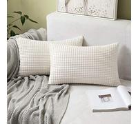 MIULEE Cushion Covers 30 x 50 cm Decorative Corduroy Cream Cushions Throw Pillow White Rectangular 12 x 20 Inches Oblong Striped Solid for Sofa Couch Home Bedroom Set of 2