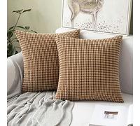 MIULEE Cushion Covers 40 x 40 cm Decorative Corduroy Brown Cushions Throw Pillow Square 16 x 16 Inches Striped Solid for Sofa Couch Home Bedroom Set of 2