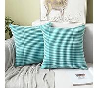MIULEE Cushion Covers 40 x 40 cm Decorative Corduroy Light Blue Cushions Throw Pillow Square 16 x 16 Inches Striped Solid for Sofa Couch Home Bedroom Set of 2