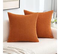 MIULEE Cushion Covers 50 x 50 cm Decorative Corduroy Caramel Cushions Throw Pillow Square 20 x 20 Inches Striped Solid for Sofa Couch Home Bedroom Set of 2
