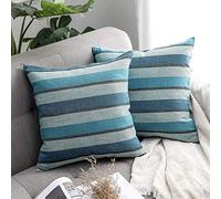MIULEE Faux Linen Stripe Square Throw Pillow Case Cushion Cover Home for Sofa Chair Couch/Bedroom Decorative Pillowcase 20"x20",2 Pieces Blue