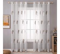 MIULEE Leaves Embroidery Sheer Curtains Grommet Window Curtain Semi Voile Drapes Panels with Eyelets Window Treatments for Living Room Bedroom Big Leaves Coffee 2 Panels 55" W x 102" L