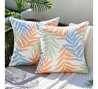 MIULEE Outdoor Cushion Covers Waterproof Polyester Throw Pillow Cover Square Decorative Pillowcase with Leaf Patterns for Garden Sofa Livingroom Bedroom Tent Park 2 Pieces 18x18 Inch Blue Orange